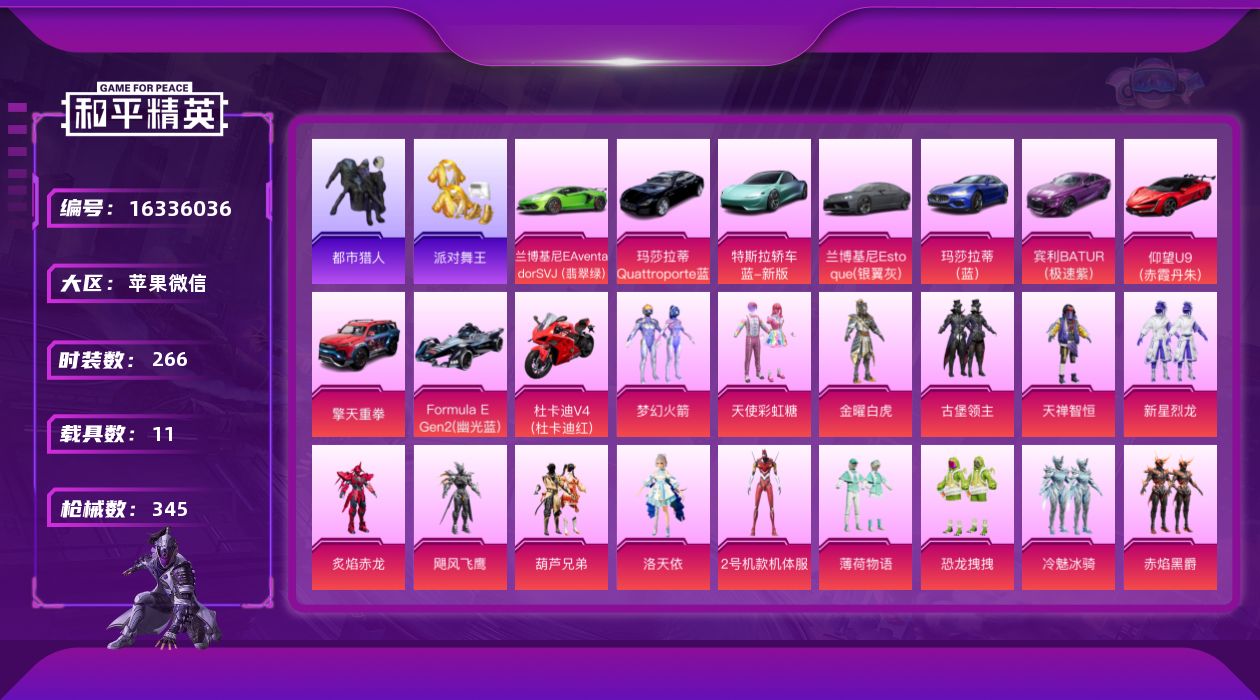 和平精英账号苹果微信[16336036]【特价出售/店主推荐】苹果 微信-43粉装-19特效枪-11载具-8粉色飞行器-139238热力值-14王牌印记-266套装-345枪皮
【热门品类】：粉装-梦幻火箭，套装-都市猎