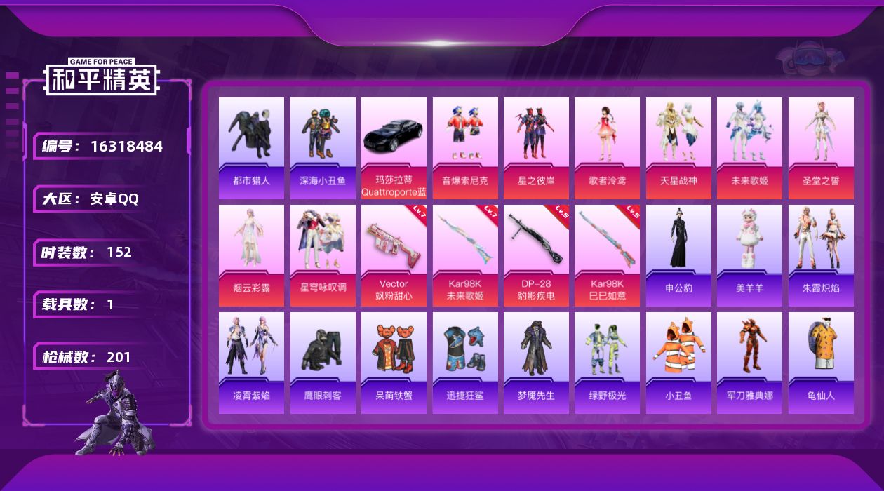 和平精英账号安卓QQ" DFX239安卓Q-满级Kar98K-未来歌姬 (7级)  Vector-飒粉甜心 (7级) 都