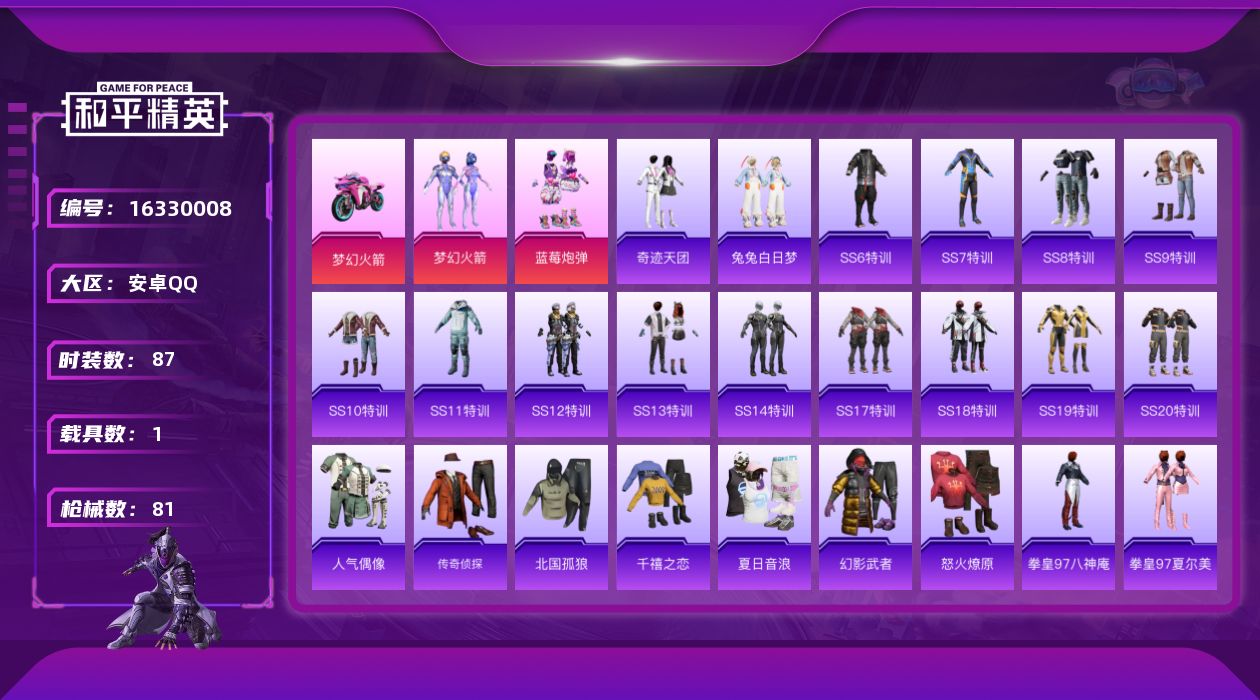 和平精英账号安卓QQ[16330008]【特价出售/店主推荐】安卓 手Q-2粉装-0特效枪-1载具-1粉色飞行器-25985热力值-1王牌印记-87套装-81枪皮
【热门品类】：粉装-梦幻火箭
【粉色套装】：粉装-梦幻火