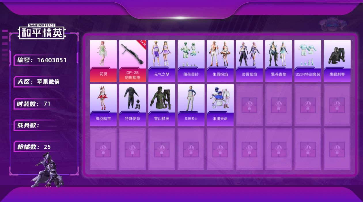 和平精英账号苹果微信[16403851]时装数: 13 枪械数: 24 战备数: 23 热门装扮: 鹰眼刺客
