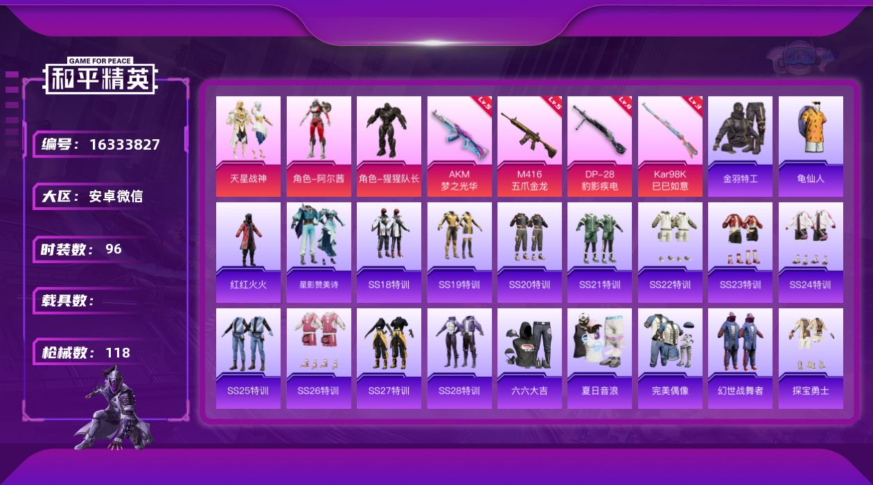 和平精英账号安卓微信[16333827]【特价出售/店主推荐】安卓 微信-无敌战神框-3粉装-4特效枪-0载具-3粉色飞行器-35672热力值-4王牌印记-96套装-118枪皮【热门品类】：套装-金羽特工，套装-龟仙人，