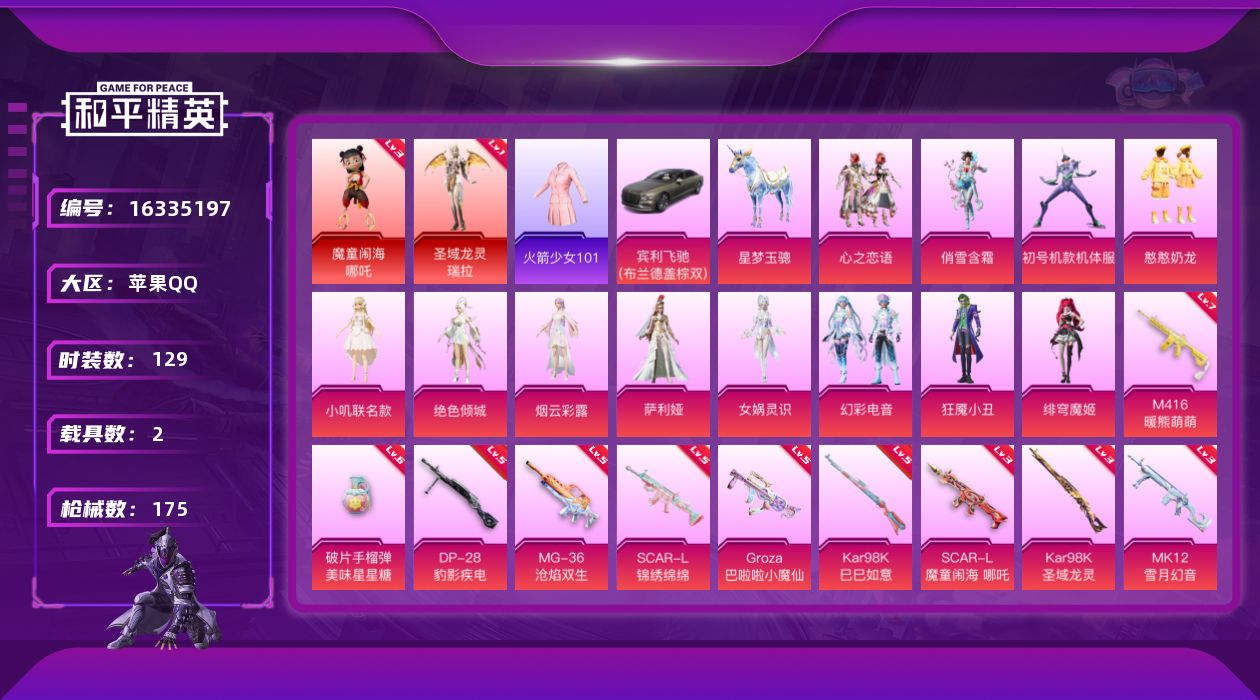 和平精英账号苹果QQ[16335197]732扭蛋碎片连体王者v10老101苹果 手Q-2神装-12粉装-10特效枪-2载具-6粉色飞行器-67134热力值-7王牌印记-129套装-175枪皮
【红色神装等级】：魔童闹海