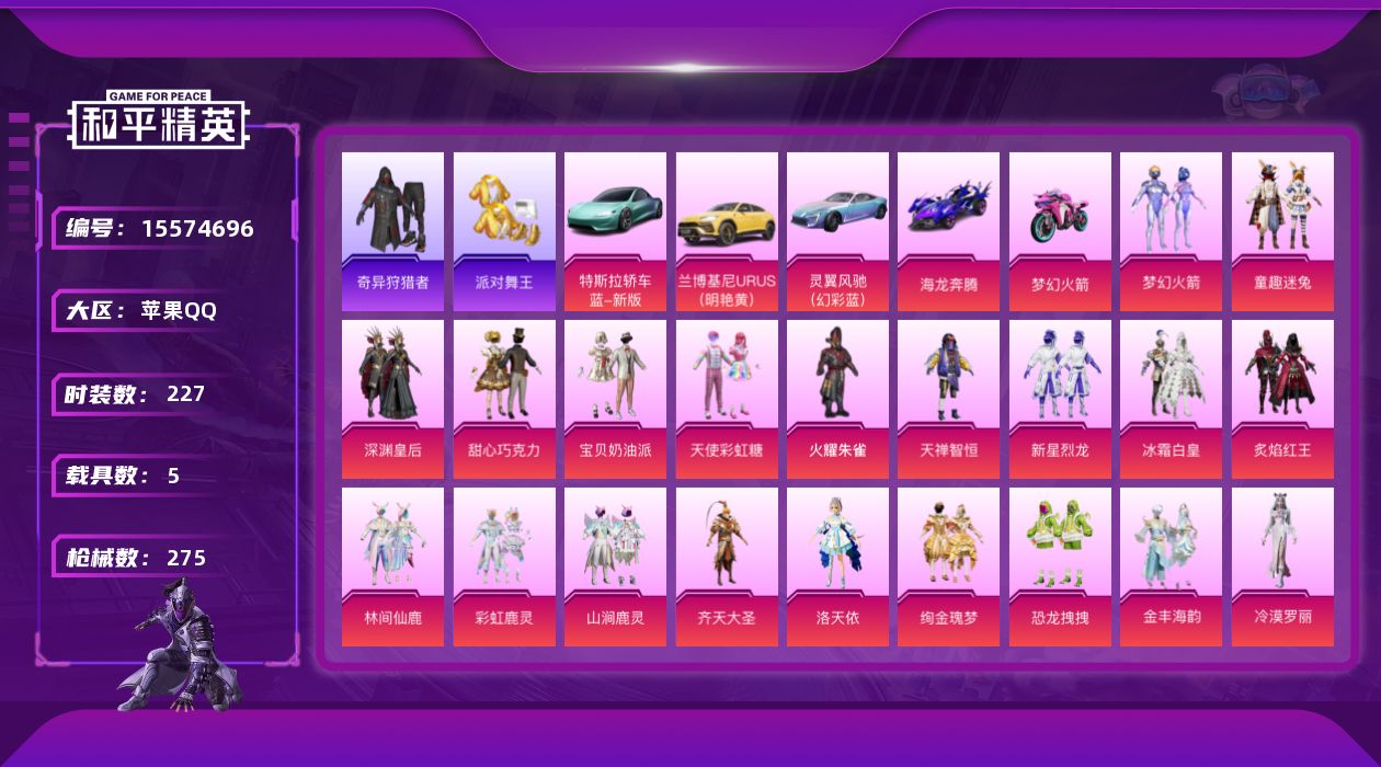 和平精英账号苹果QQ[15574696]DAS9059 可二次  苹果Q-3稀有5载具20粉装7特效枪28热门227套装275枪皮 108359热力值 21印记 历史超级王牌13星 奇异狩猎者 派对舞王 派对舞王（金靴子