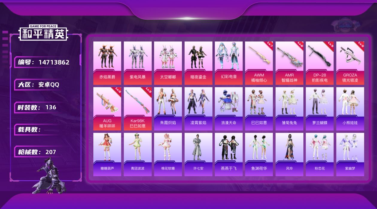 和平精英账号安卓QQ[14713862]安卓 手Q-5粉装-6特效枪-1粉色飞行器-55546热力值-6王牌印记-136套装-207枪皮
【热门品类】：套装-浪漫天命
【粉色套装】：粉装-赤焰黑爵，粉装-紫电风暴，粉装-