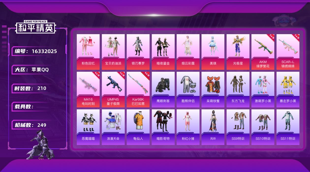 和平精英账号苹果QQ[16332025]【特价出售/店主推荐】苹果 手Q-7粉装-5特效枪-0载具-3粉色飞行器-76234热力值-12王牌印记-210套装-249枪皮
【热门品类】：套装-浪漫天命，套装-龟仙人，套装-