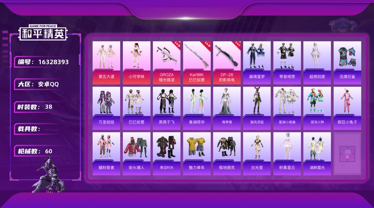 和平精英账号安卓QQ[16328393]【店主推荐捡漏号！可直接换绑】地铁满天赋 安卓 手Q-2粉装-3特效枪-0载具-0粉色飞行器-16731热力值-1王牌印记-38套装-60枪皮
【粉色套装】：粉装-第五大道，角色-