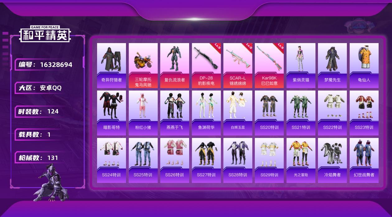 和平精英账号安卓QQ[16328694]【店主推荐捡漏号！可直接换绑】安卓 手Q-1粉装-3特效枪-1载具-3粉色飞行器-3.9w热力值-5王牌印记-124套装-131枪皮
【热门品类】：套装-奇异狩猎者，套装-龟仙人，