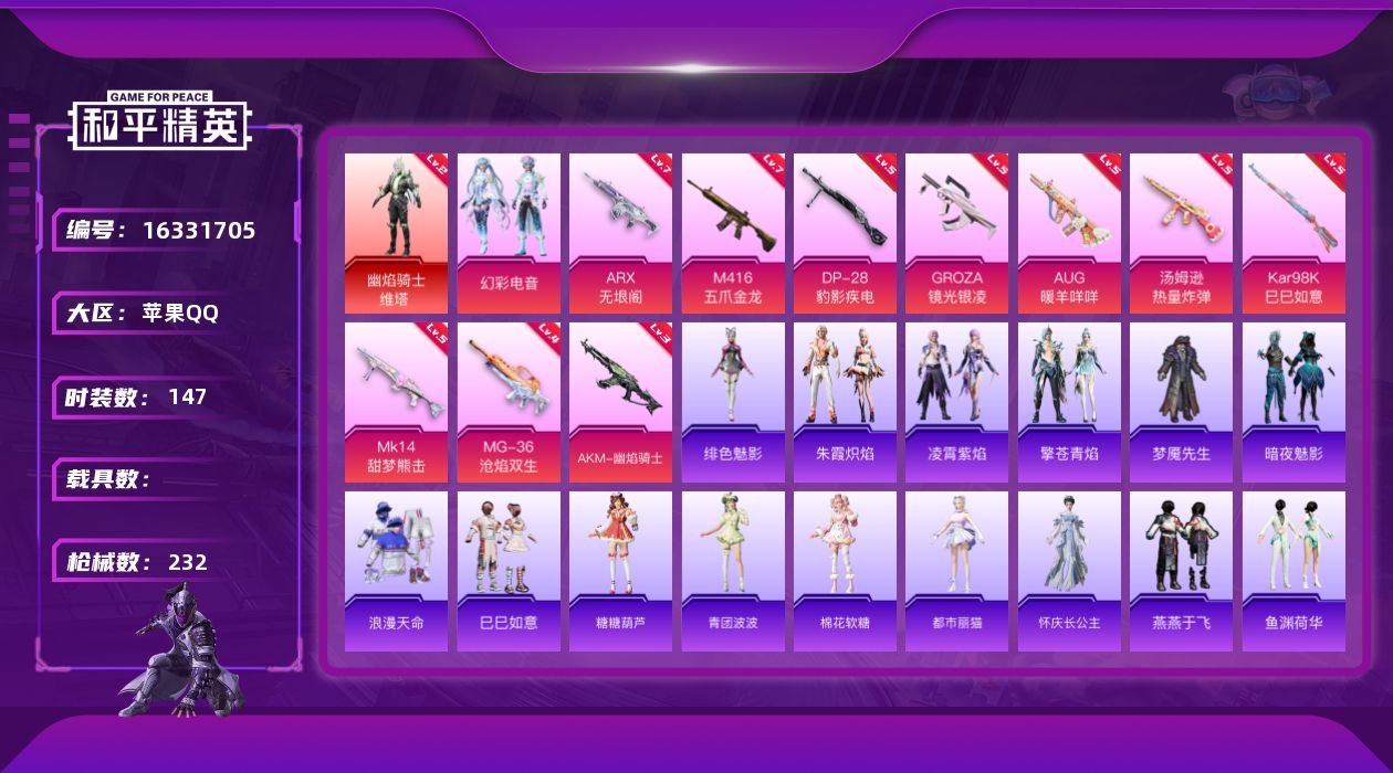 和平精英账号苹果QQ[16331705]【特价出售/店主推荐】苹果 手Q-1神装-1粉装-10特效枪-0载具-2粉色飞行器-69338热力值-12王牌印记-147套装-232枪皮
【红色神装等级】：幽焰骑士-维塔(二级)