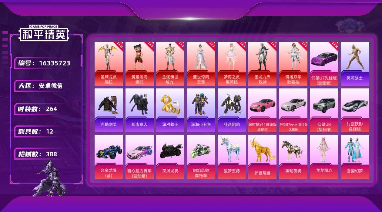 和平精英账号安卓微信[16335723]可二次【特价出售/店主推荐】赤蝎 金鞋 都市  安卓 微信-7神装-32粉装-38特效枪-12载具-20粉色飞行器-171325热力值-21王牌印记-264套装-388枪皮
【红色