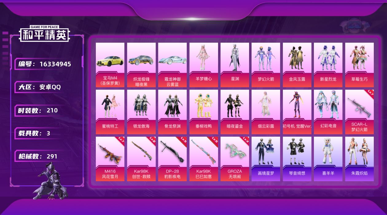 和平精英账号安卓QQ[16334945]【特价出售/店主推荐】安卓 手Q-14粉装-6特效枪-3载具-6粉色飞行器-100148热力值-16王牌印记-210套装-291枪皮
【热门品类】：粉装-梦幻火箭，套装-浪漫天命，