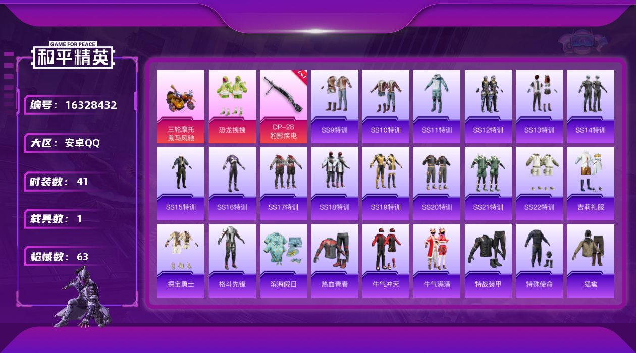 和平精英账号安卓QQ[16328432]【店主推荐捡漏号！可直接换绑】安卓 手Q-1粉装-1特效枪-1载具-2粉色飞行器-18584热力值-1王牌印记-41套装-63枪皮【粉色套装】：粉装-恐龙拽拽【粉色枪皮等级】：DP