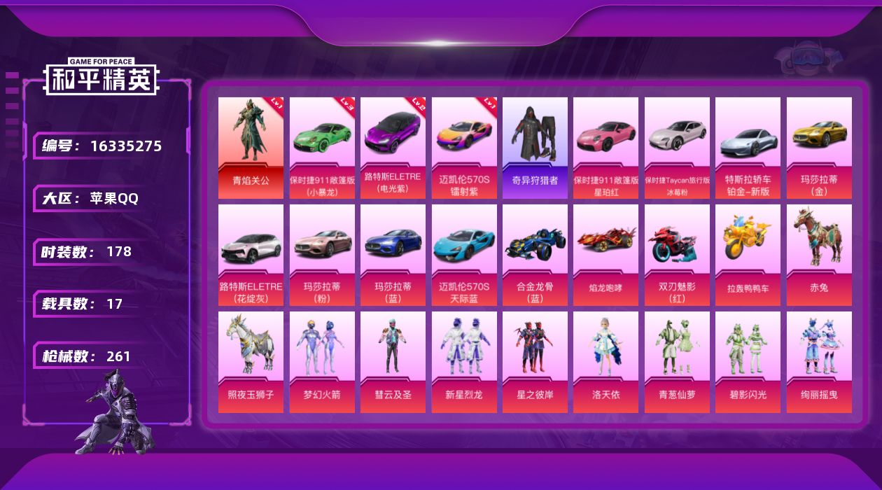 和平精英账号苹果QQ[16335275]1506扭蛋碎片【特价出售/店主推荐】苹果 手Q-1神装-19粉装-12特效枪-17载具-9粉色飞行器-12w热力值-16王牌印记-178套装-261枪皮
【红色载具】：路特斯EL