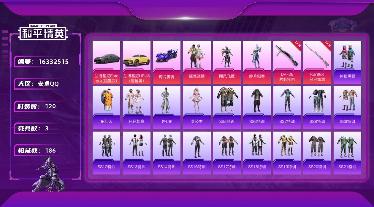 和平精英账号安卓QQ[16332515]【特价出售/店主推荐】安卓 手Q-4粉装-3特效枪-3载具-2粉色飞行器-5.7w热力值-9王牌印记-120套装-186枪皮
【热门品类】：套装-龟仙人
【粉色套装】：粉装-蝶舞迷