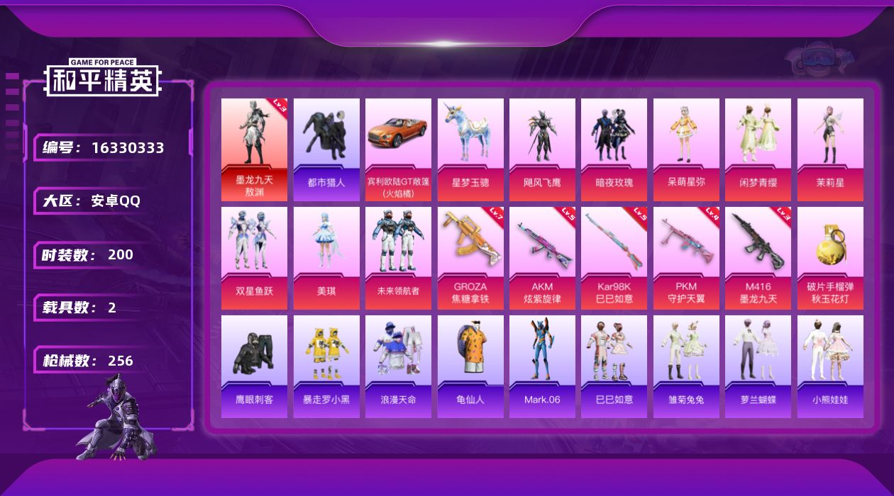 和平精英账号安卓QQ[16330333]【特价出售/店主推荐】安卓 手Q-1神装-8粉装-6特效枪-2载具-6粉色飞行器-9w热力值-16王牌印记-200套装-256枪皮
【红色神装等级】：墨龙九天-敖渊(三级)
【红色