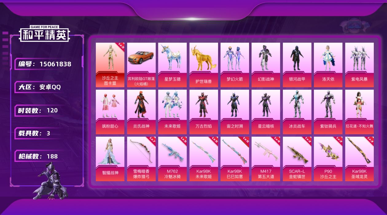 和平精英账号安卓QQ[15061838]ＴＹ512-地铁满天赋-安卓 手Q-1神装-15粉装-9特效枪-3载具-9粉色飞行器-80871热力值-13王牌印记-120套装-188枪皮
【红色神装等级】：沙丘之主-图卡盟(五