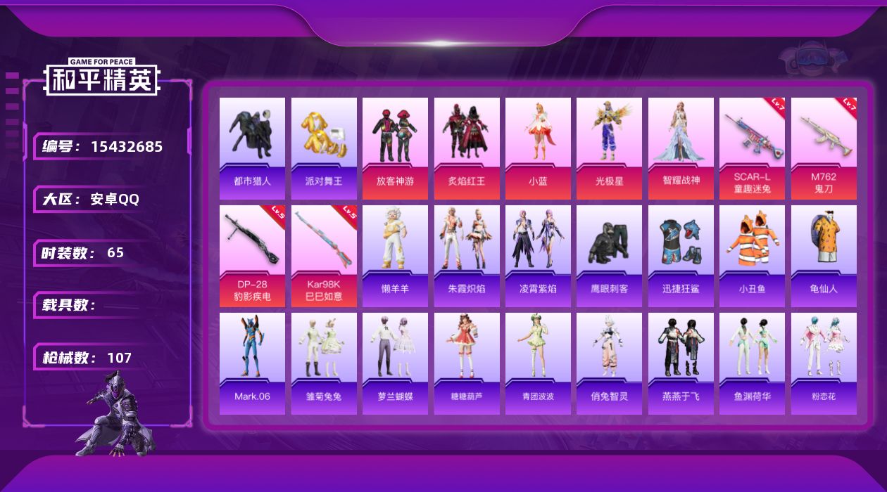 和平精英账号安卓QQ[15432685]安卓 手Q-5粉装-4特效枪-0载具-1粉色飞行器-32896热力值-7王牌印记-65套装-107枪皮
【热门品类】：套装-都市猎人，套装-派对舞王，套装-小丑鱼，套装-龟仙人，角