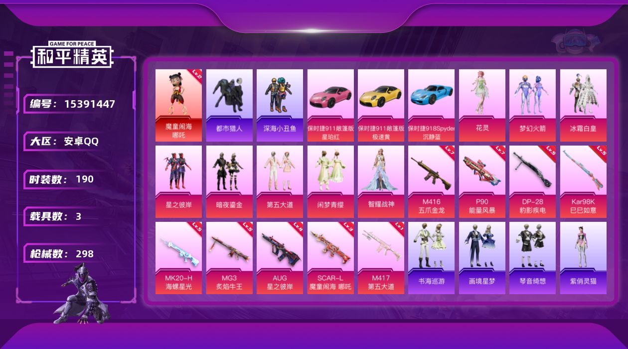 和平精英账号安卓QQ[15391447]DAS8286有二次 安卓Q-1红装4稀有3载具8粉装9特效枪16热门190套装298枪皮 93359热力值 14印记 历史传奇王牌13星   魔童闹海-哪吒 (2级)  梦幻火箭