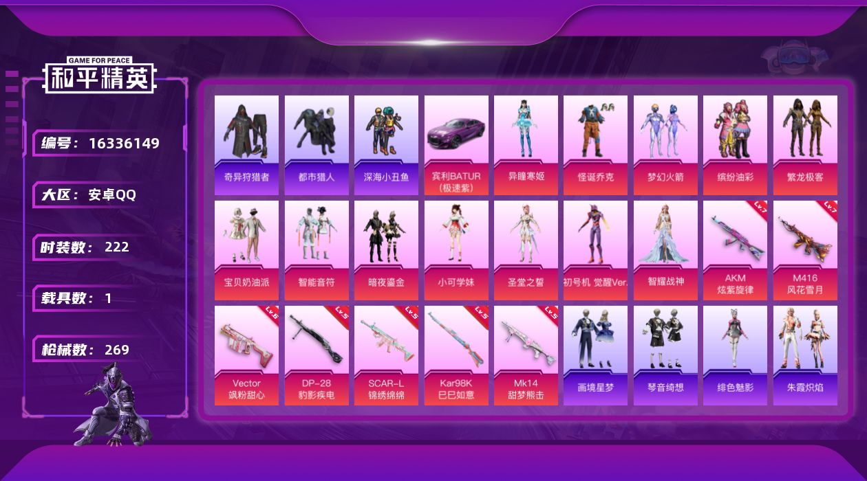 和平精英账号安卓QQ[16336149]小连体王者141皮肤   1无双7传说【店主推荐捡漏号！可直接换绑】安卓 手Q-12粉装-7特效枪-1载具-3粉色飞行器-8.5w热力值-6王牌印记-222套装-269枪皮
【热门