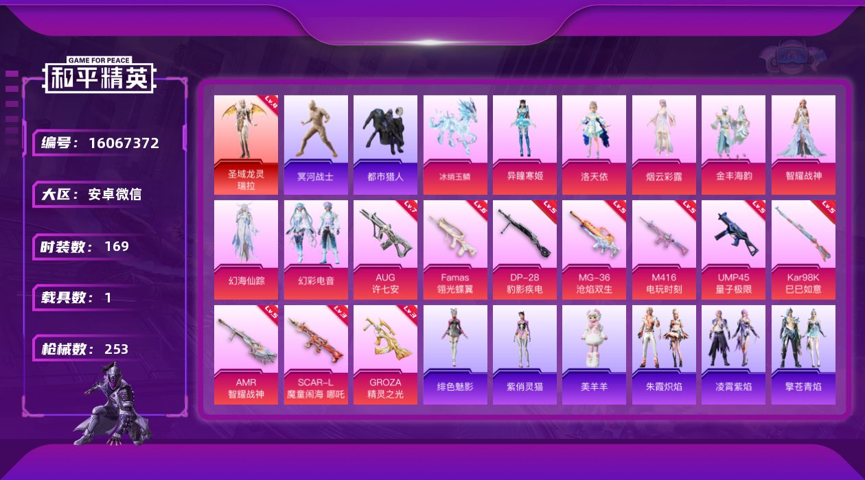 和平精英账号安卓微信[16067372]"DF680有二次 安卓V-1红装2稀有1载具7粉装10特效枪15热门169套装253枪皮 83222热力值 14印记 历史卓越王牌20星   圣域龙灵-瑞拉 (4级)  洛天依 