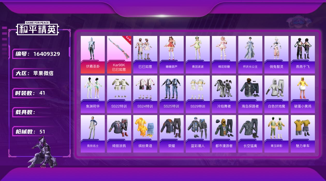 和平精英账号苹果微信[16409329]【特价出售/店主推荐】 苹果 微信-1粉装-1特效枪-0载具-0粉色飞行器-15640热力值-5王牌印记-41套装-51枪皮
【粉色套装】：角色-伏羲圣卦
【粉色枪皮等级】：Kar