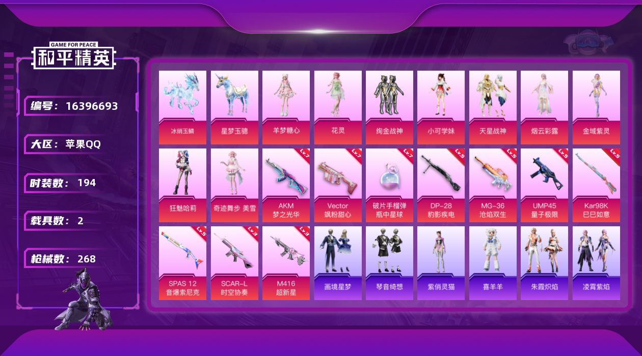 和平精英账号苹果QQ[16396693]苹果 手Q-9粉装-11特效枪-2载具-3粉色飞行器-83597热力值-17王牌印记-194套装-268枪皮
【热门品类】：套装-浪漫天命，套装-小丑鱼，套装-龟仙人，套装-粉红小