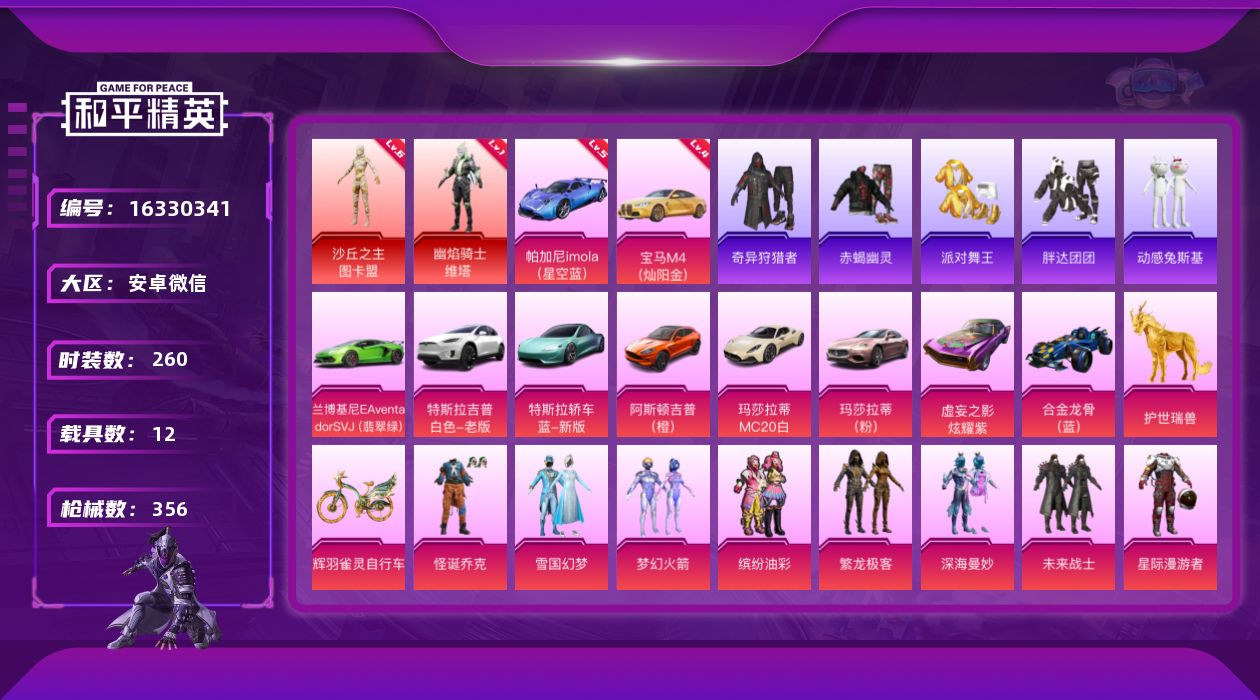和平精英账号安卓微信[16330341]【特价出售/店主推荐】安卓 微信-2神装-31粉装-36特效枪-12载具-21粉色飞行器-186582热力值-13王牌印记-260套装-356枪皮
【红色载具】：帕加尼imola（