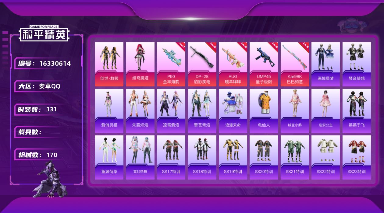 和平精英账号安卓QQ[16330614]【店主推荐捡漏号！可直接换绑】安卓 手Q-2粉装-5特效枪-0载具-1粉色飞行器-50076热力值-8王牌印记-131套装-170枪皮
【热门品类】：套装-浪漫天命，套装-龟仙人
