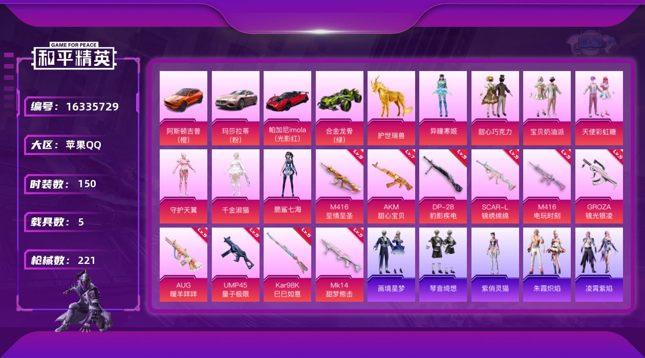 和平精英账号苹果QQ[16335729]【特价出售/店主推荐】苹果 手Q-7粉装-10特效枪-5载具-4粉色飞行器-7.7w热力值-17王牌印记-150套装-221枪皮
【热门品类】：套装-龟仙人，角色-8号机
【粉色套