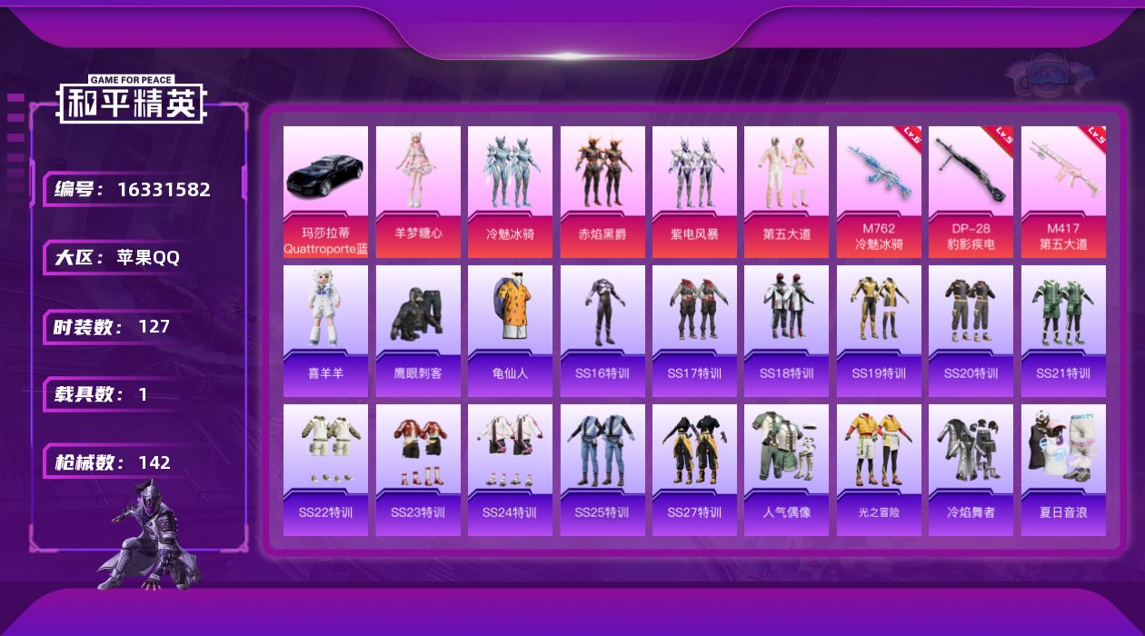 和平精英账号苹果QQ[16331582]苹果 手Q-无敌战神框-5粉装-3特效枪-1载具-3粉色飞行器-50338热力值-10王牌印记-127套装-142枪皮
【热门品类】：套装-龟仙人
【粉色套装】：粉装-冷魅冰骑，粉