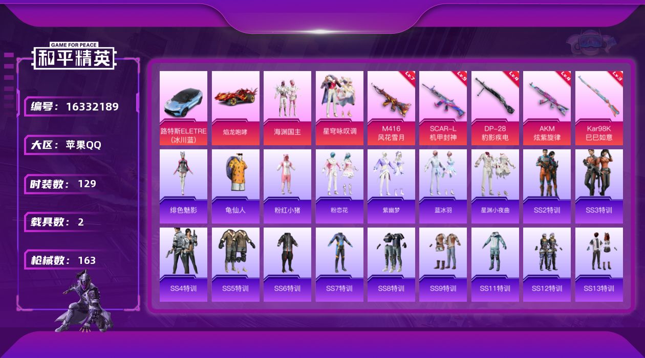 和平精英账号苹果QQ[16332189]【店主推荐捡漏号！可直接换绑】苹果 手Q-2粉装-5特效枪-2载具-0粉色飞行器-56320热力值-12王牌印记-129套装-163枪皮
【热门品类】：套装-龟仙人，套装-粉红小猪