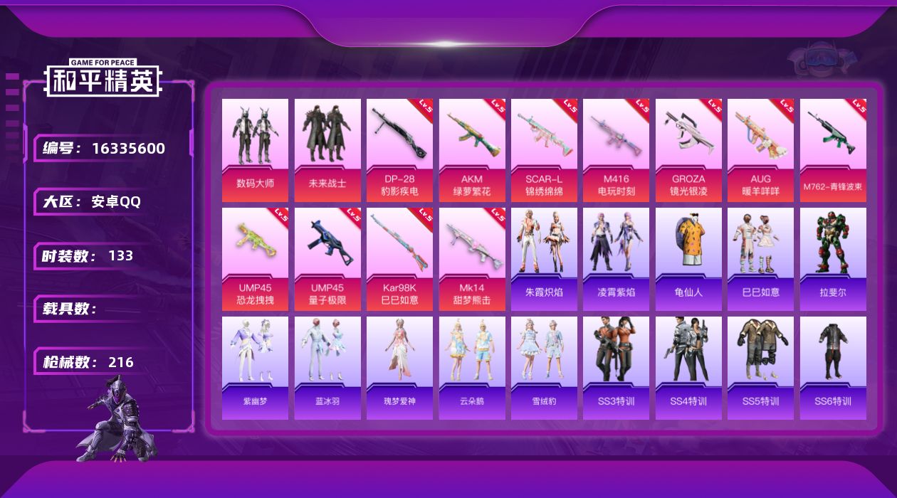 和平精英账号安卓QQ[16335600]【店主推荐捡漏号！可直接换绑】安卓 手Q-2粉装-11特效枪-0载具-0粉色飞行器-57642热力值-3王牌印记-133套装-216枪皮【热门品类】：套装-龟仙人【粉色套装】：粉装