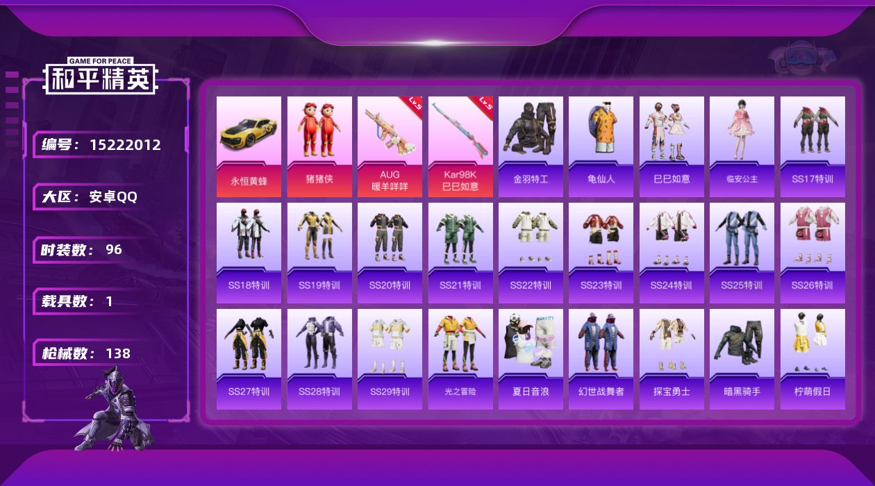 和平精英账号安卓QQ[15222012]"DAS7734 包人脸 安卓手Q-3王牌印记-1粉装-2特效枪-1载具-39982热力值-96套装-138枪皮
【1粉装】玩偶服-猪猪侠
【2特效枪】AUG-暖羊咩咩/5级,Ka