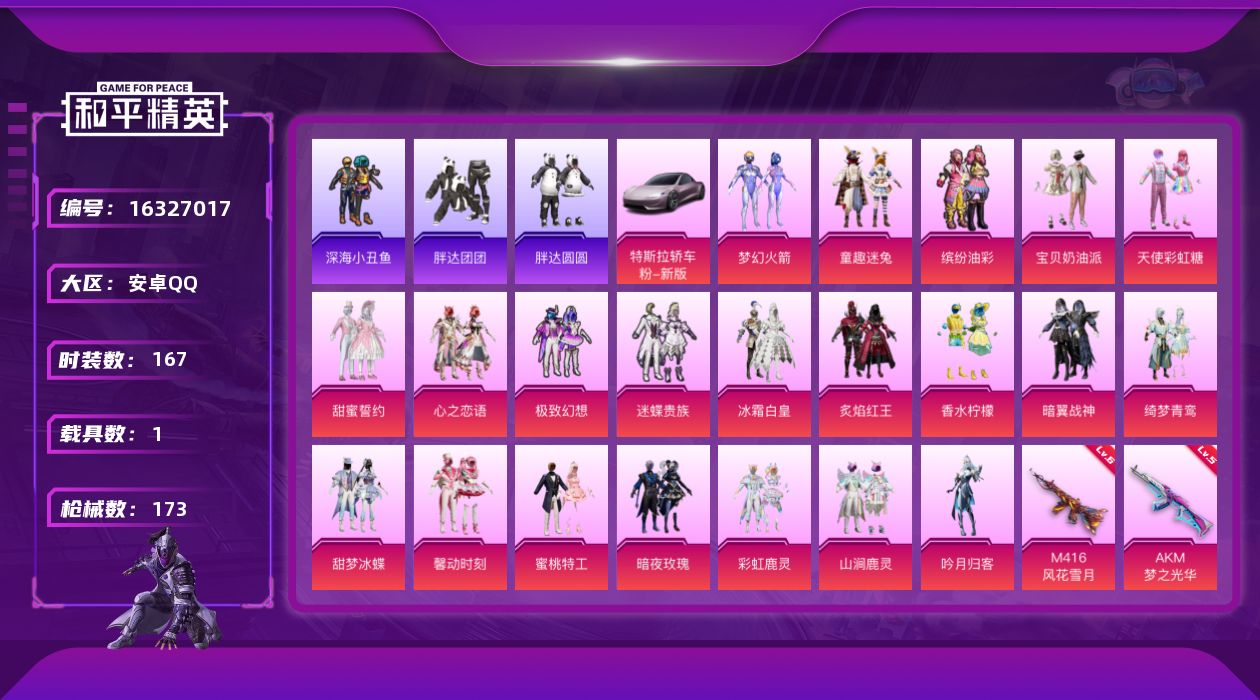 和平精英账号安卓QQ[16327017]【特价出售/店主推荐】安卓 手Q-21粉装-4特效枪-1载具-3粉色飞行器-65677热力值-12王牌印记-167套装-173枪皮【热门品类】：粉装-梦幻火箭，粉装-童趣迷兔，粉装