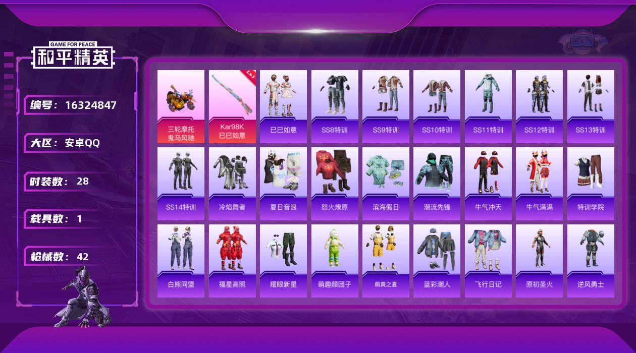 和平精英账号安卓QQ[16324847]【特价出售/店主推荐】安卓 手Q-0粉装-1特效枪-1载具-0粉色飞行器-12237热力值-2王牌印记-28套装-42枪皮【粉色枪皮等级】：Kar98K-巳巳如意(一级)【粉色载具