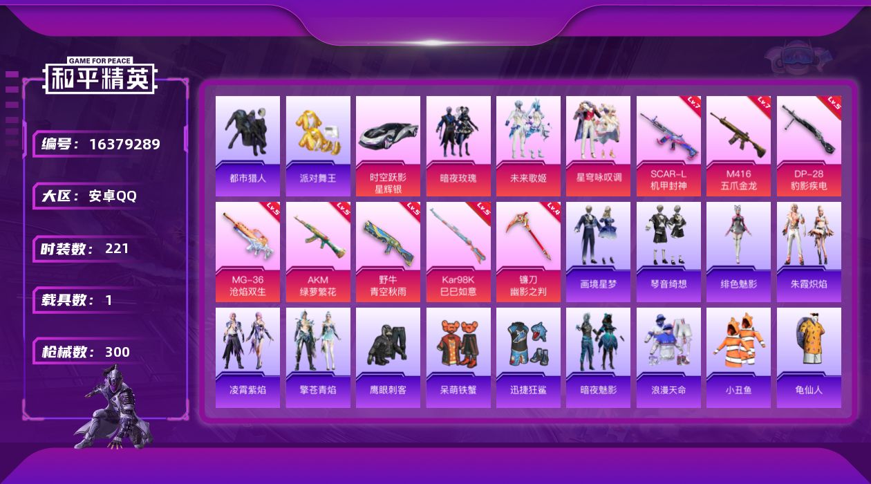 和平精英账号安卓QQ[16379289]自带900点券【特价出售/店主推荐】安卓 手Q-无敌战神框-3粉装-8特效枪-1载具-1粉色飞行器-86640热力值-19王牌印记-221套装-300枪皮【热门品类】：套装-浪漫天