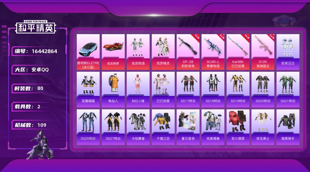 和平精英账号安卓QQ[16442864]可二次【特价出售/店主推荐】安卓 手Q-2粉装-4特效枪-2载具-2粉色飞行器-35191热力值-4王牌印记-80套装-109枪皮
【热门品类】：套装-龟仙人，套装-粉红小猪
【粉