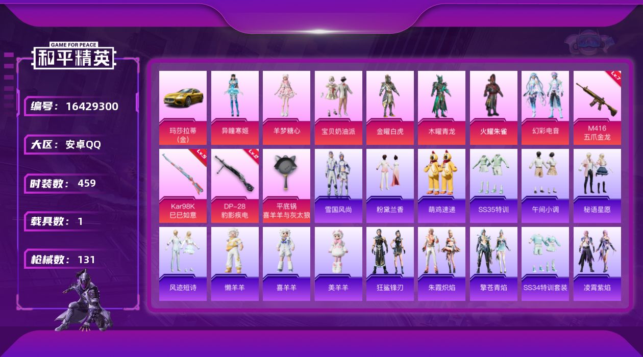 和平精英账号安卓QQ[16429300]7粉装 4特效枪 1载具 10印记 可二次 
【热门装扮】羊梦糖心,异瞳寒姬,幻