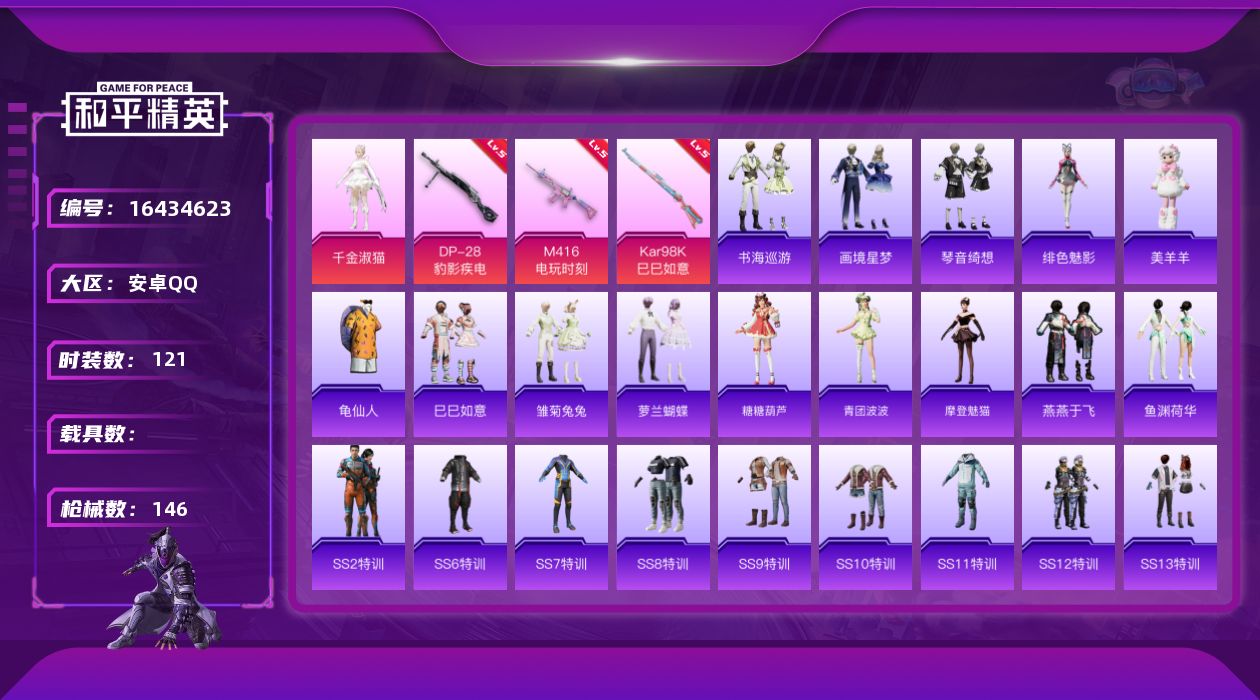 和平精英账号安卓QQ[16434623]【特价出售/店主推荐】地铁满天赋 安卓 手Q-1粉装-4特效枪-0载具-0粉色飞行器-44523热力值-11王牌印记-121套装-146枪皮
【热门品类】：套装-龟仙人
【粉色套装