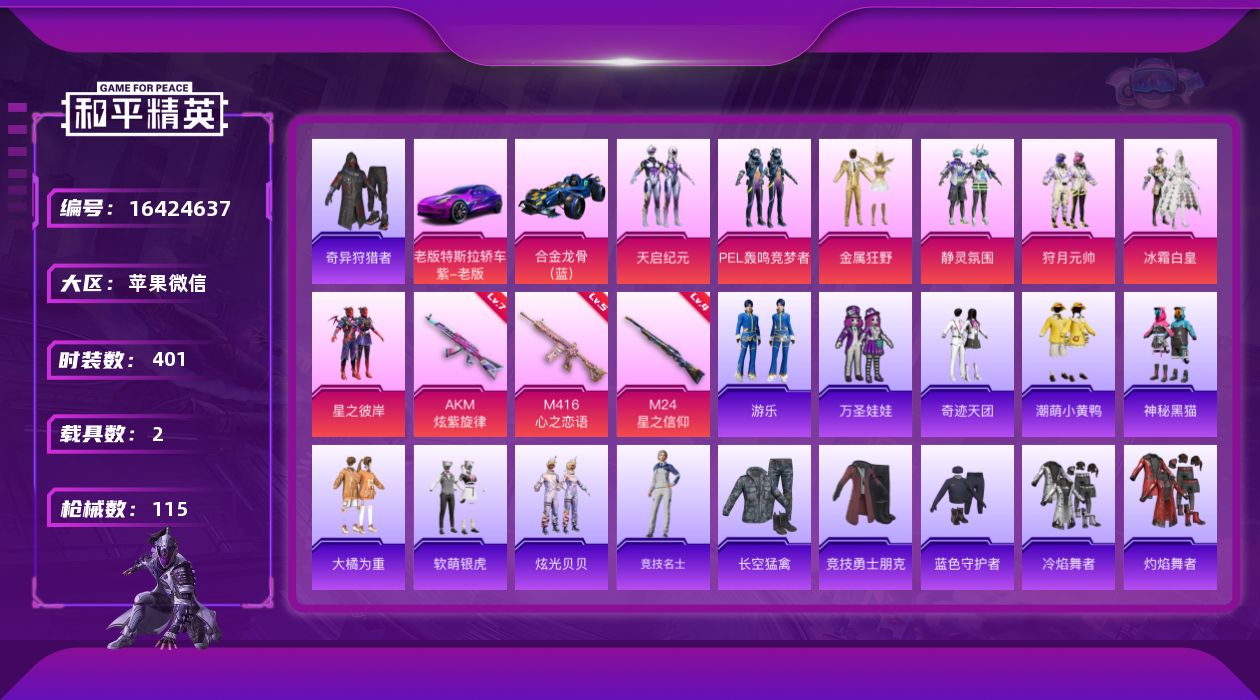 和平精英账号苹果微信[16424637]7粉装 3特效枪 2载具 9印记 可二次 
【热门装扮】奇异狩猎者,天启纪元,金