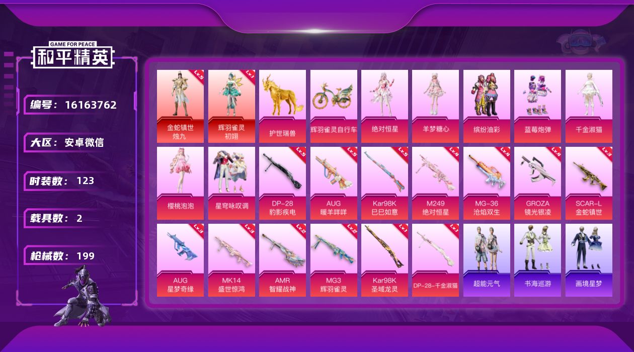 和平精英账号安卓微信[16163762]精品女神号-可二次-地铁满天赋-三级冰梦奇缘-【千金，绝对恒星，樱桃泡泡，羊梦甜心，猪脸，小丑鱼】安卓 微信-2神装-7粉装-14特效枪-2载具-10粉色飞行器-74982热力值-