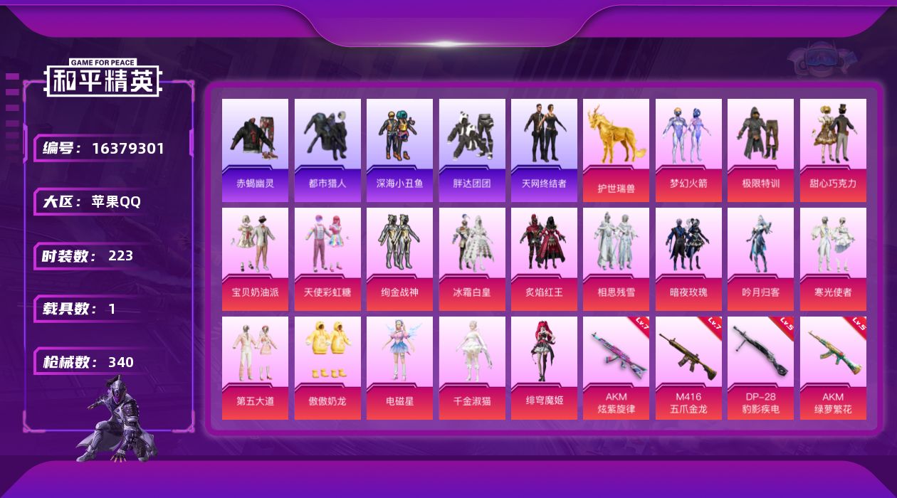 和平精英账号苹果QQ[16379301]【特价出售/店主推荐】苹果 手Q-无敌战神框-17粉装-12特效枪-1载具-11粉色飞行器-104753热力值-15王牌印记-223套装-340枪皮【热门品类】：粉装-梦幻火箭，套