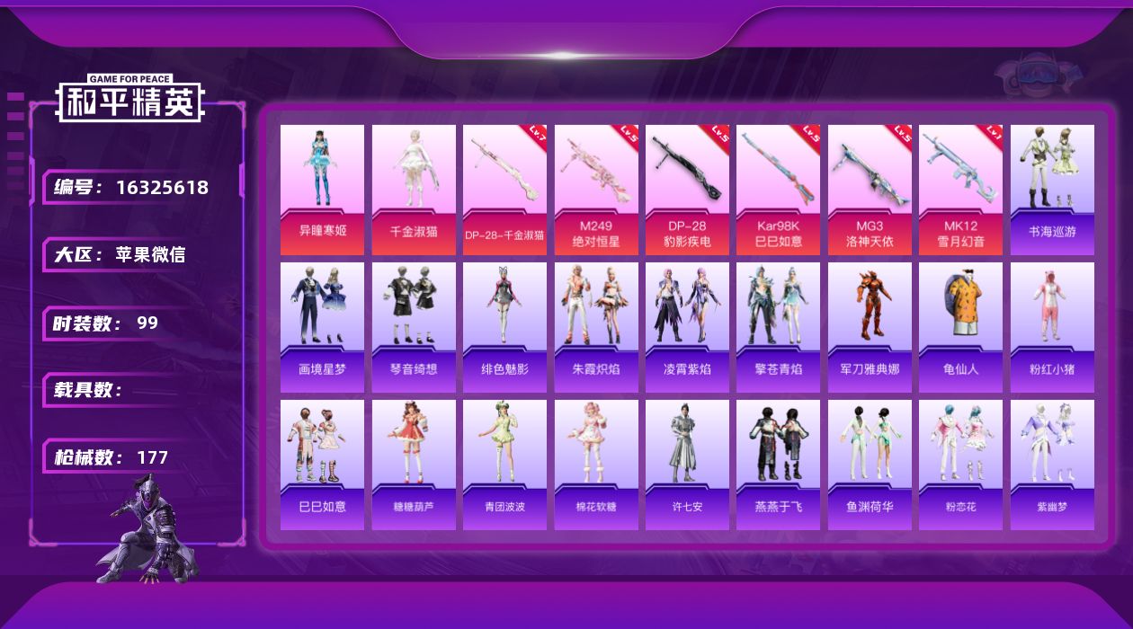 和平精英账号苹果微信[16325618]【特价出售/店主推荐】苹果 微信-2粉装-7特效枪-0载具-1粉色飞行器-50607热力值-12王牌印记-99套装-177枪皮【热门品类】：角色-军刀雅典娜，套装-龟仙人，套装-粉