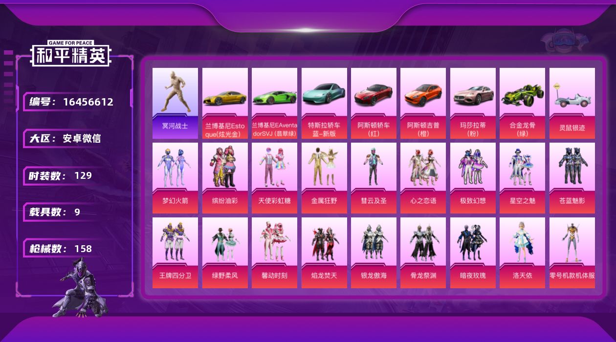 和平精英账号安卓微信[16456612]【店主推荐捡漏号！可直接换绑】安卓 微信-21粉装-8特效枪-8载具-5粉色飞行器-79873热力值-6王牌印记-129套装-158枪皮【热门品类】：粉装-梦幻火箭，粉装-缤纷油彩