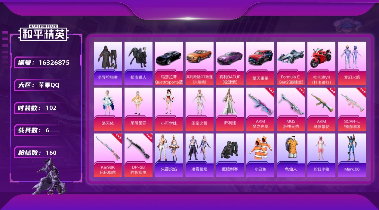 和平精英账号苹果QQ[16326875]【特价出售/店主推荐】苹果 手Q-6粉装-6特效枪-7载具-3粉色飞行器-56383热力值-9王牌印记-102套装-160枪皮【热门品类】：粉装-梦幻火箭，套装-都市猎人，套装-小