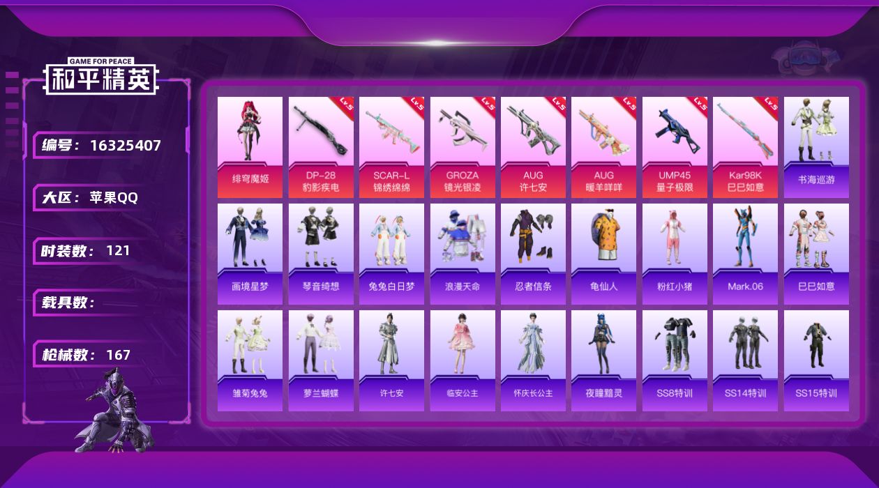 和平精英账号苹果QQ[16325407]【特价出售/店主推荐】苹果 手Q-1粉装-8特效枪-0载具-1粉色飞行器-47937热力值-12王牌印记-121套装-167枪皮【热门品类】：套装-浪漫天命，套装-忍者信条，套装-