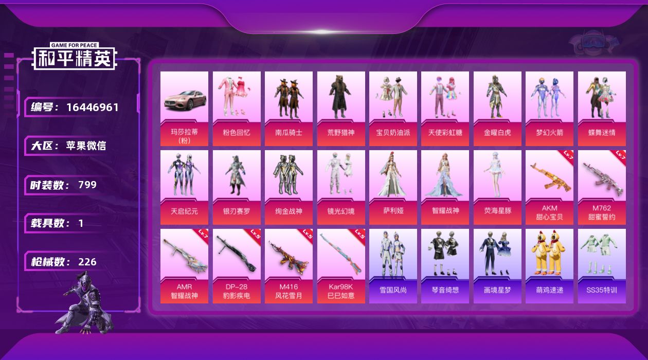 和平精英账号苹果微信[16446961]15粉装 6特效枪 1载具 16印记 可二次 可修改实名 
【热门装扮】萨利娅,