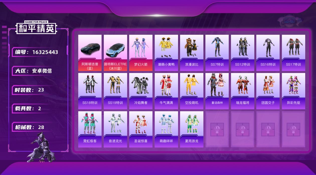 和平精英账号安卓微信[16325443]【特价出售/店主推荐】安卓 微信-1粉装-0特效枪-2载具-0粉色飞行器-11178热力值-2王牌印记-23套装-28枪皮【热门品类】：粉装-梦幻火箭，套装-潮萌小黄鸭，套装-浪漫