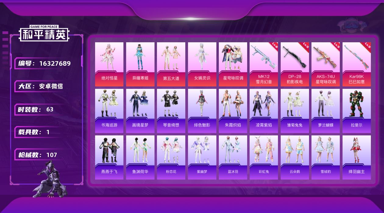 和平精英账号安卓微信[16327689]【特价出售/店主推荐】安卓 微信-1神装-5粉装-4特效枪-1载具-5粉色飞行器-34504热力值-5王牌印记-63套装-107枪皮【红色神装等级】：暮色玫影-艾丽娅(一级)【红色