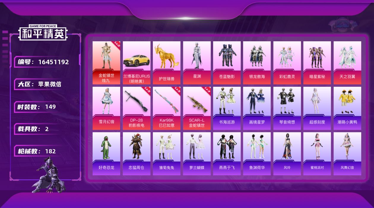 和平精英账号苹果微信[16451192]"DF812有二次苹果V-1红装1稀有2载具7粉装3特效枪13热门149套装181枪皮 60963热力值 8印记 历史超级王牌8星  金蛇镇世-烛九 (2级)  S1赛事外套  S