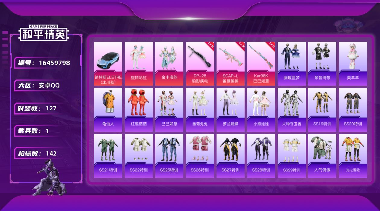 和平精英账号安卓QQ[16459798]【店主推荐捡漏号！可直接换绑】安卓 手Q-2粉装-3特效枪-1载具-1粉色飞行器-43994热力值-11王牌印记-127套装-142枪皮【热门品类】：套装-龟仙人，套装-红熊茄茄【